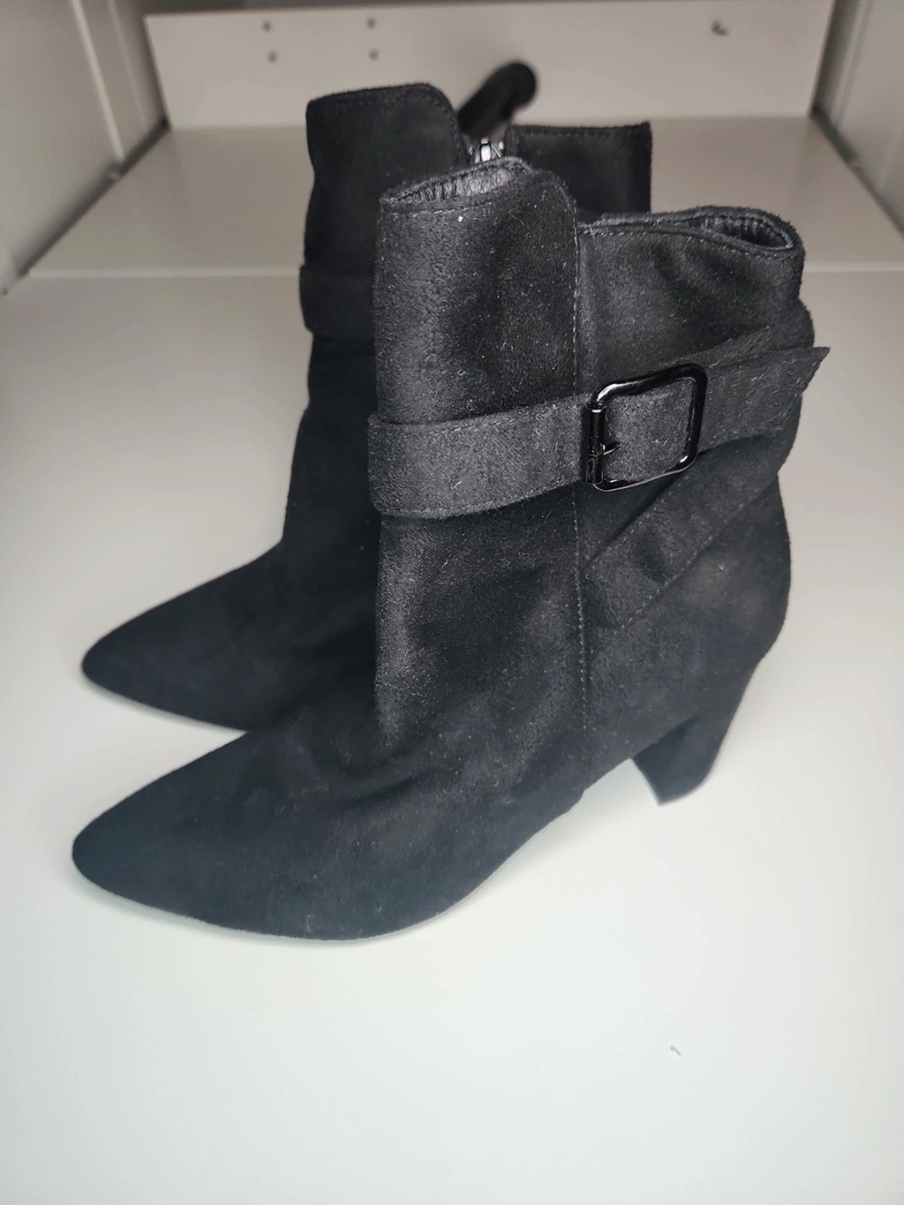 TOP Moda Black Suede Pointed-Toe Ankle Booties with Side Buckle
